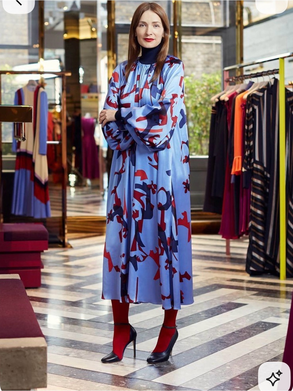 Blue Abstract Print Long Sleeve Midi Dress